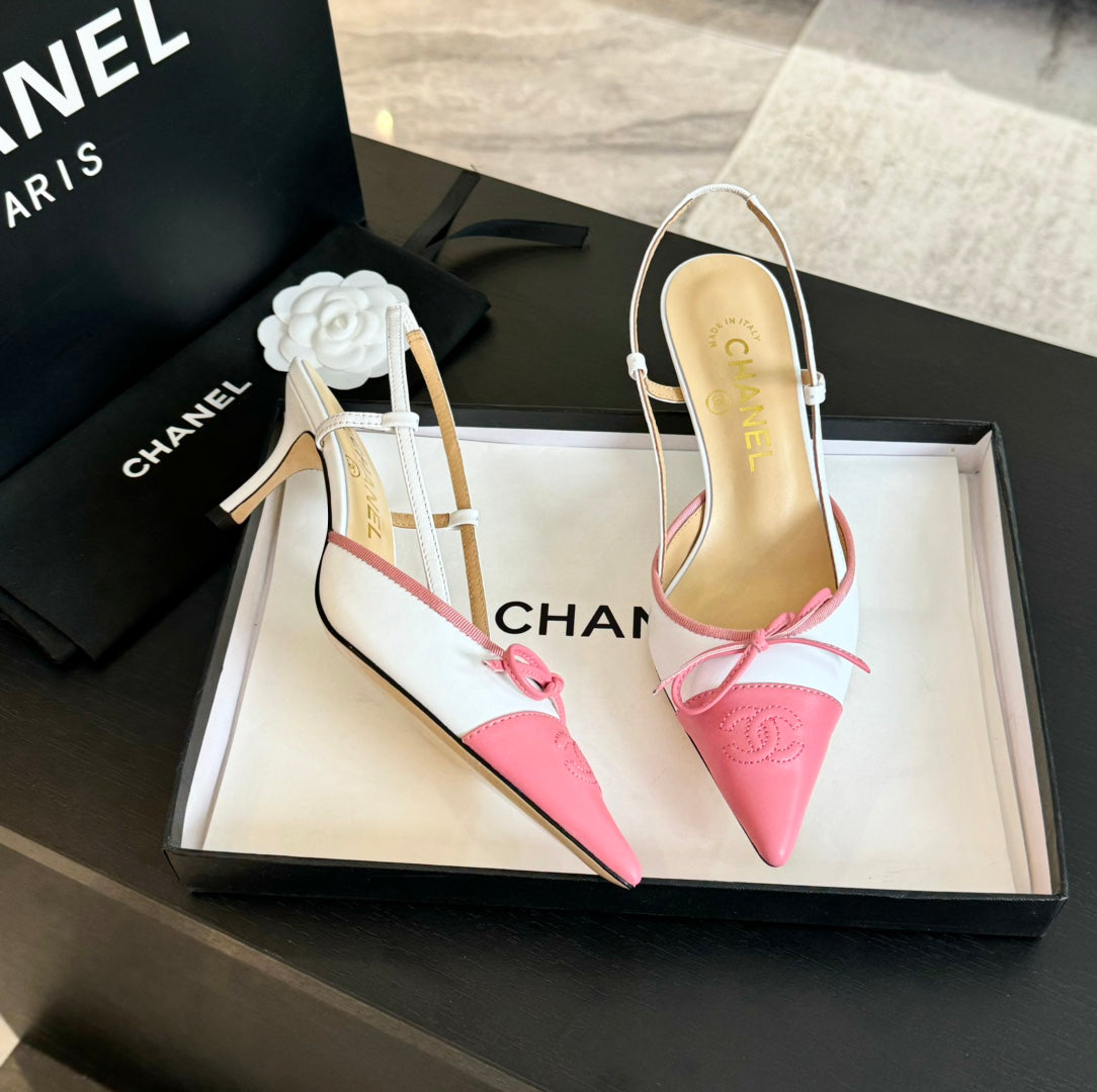 SLINGBACK WITH BOW IN LIGHT PINK MIX WHITE LAMBSKIN - 35
