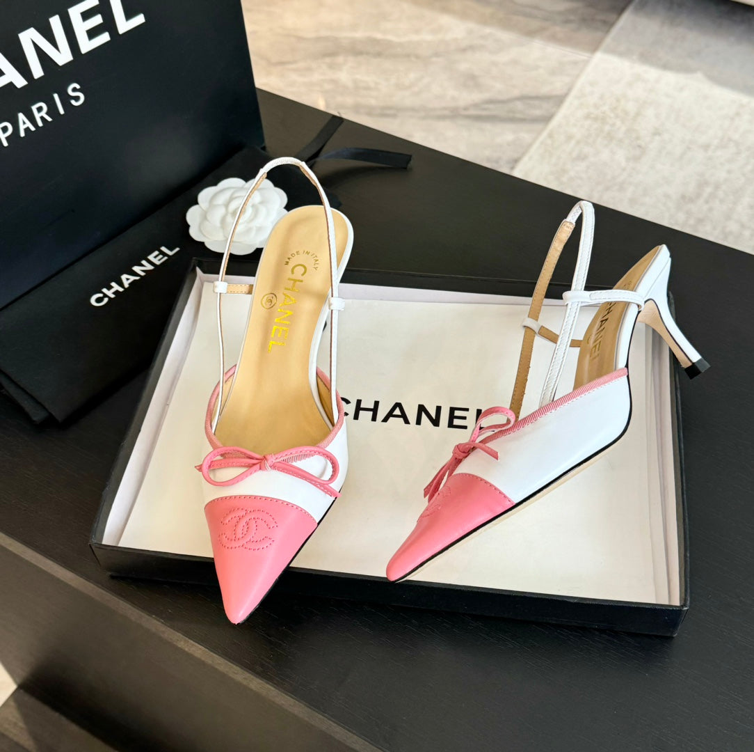 SLINGBACK WITH BOW IN LIGHT PINK MIX WHITE LAMBSKIN - 35