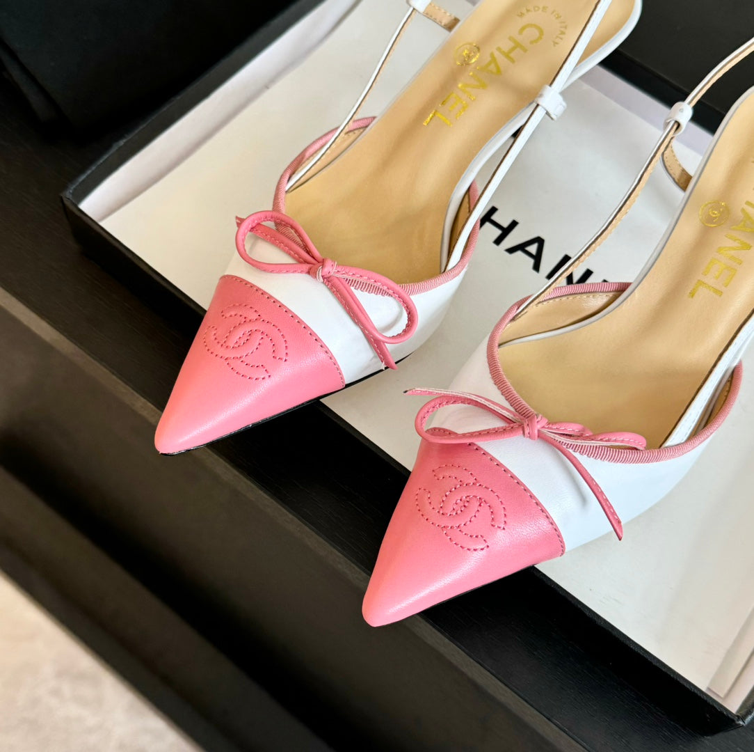SLINGBACK WITH BOW IN LIGHT PINK MIX WHITE LAMBSKIN - 35