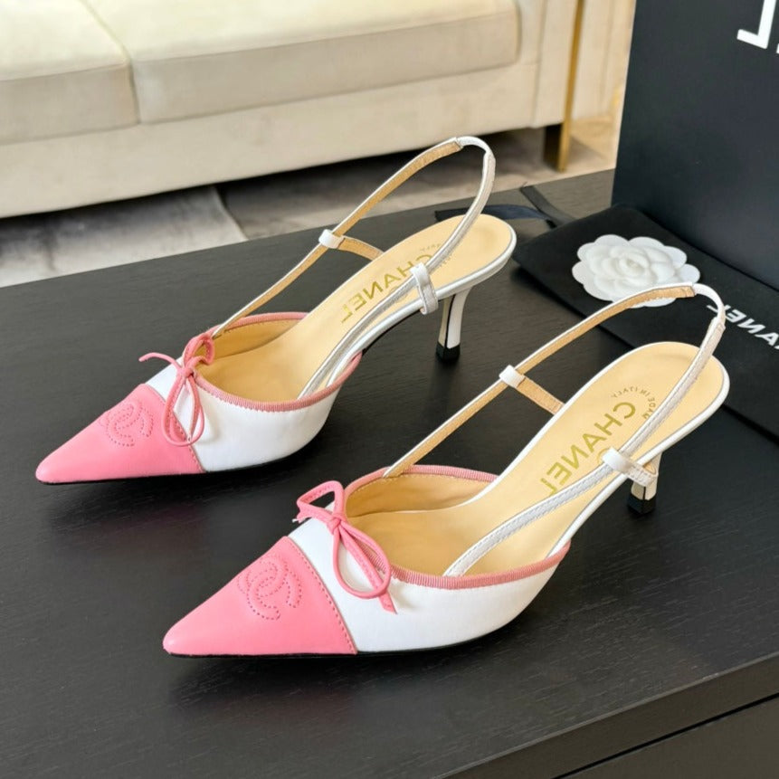 SLINGBACK WITH BOW IN LIGHT PINK MIX WHITE LAMBSKIN - 35
