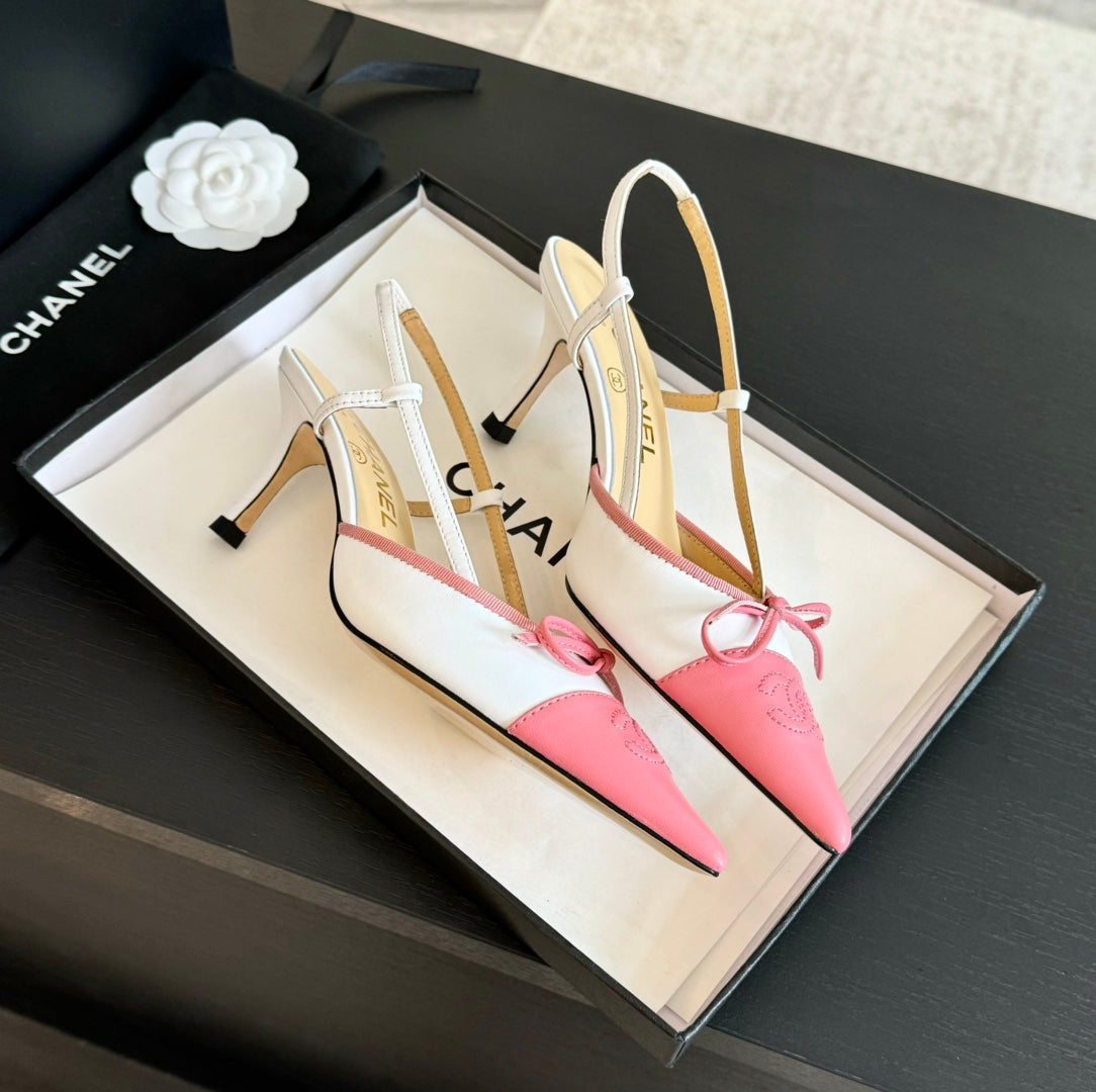 SLINGBACK WITH BOW IN LIGHT PINK MIX WHITE LAMBSKIN - 35