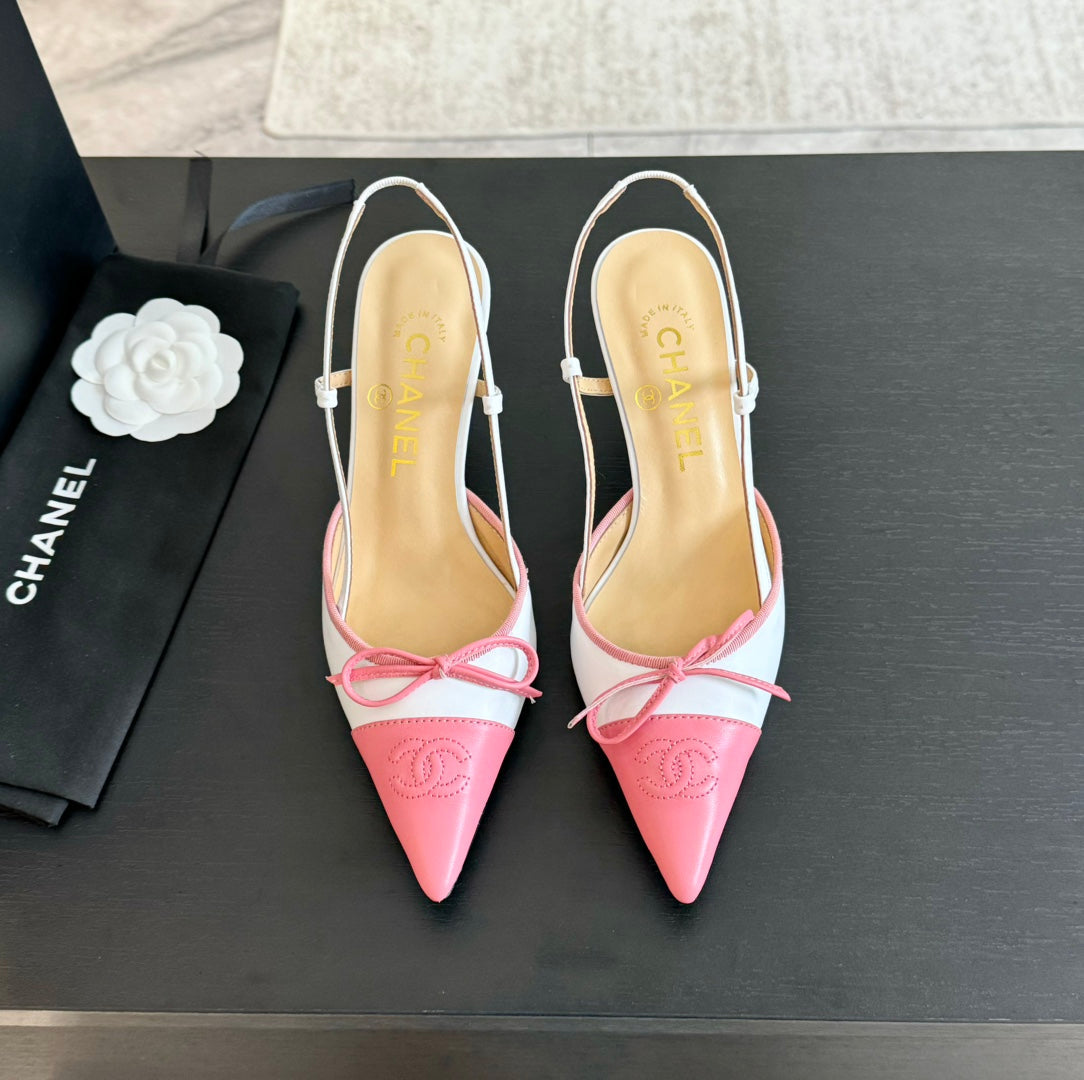 SLINGBACK WITH BOW IN LIGHT PINK MIX WHITE LAMBSKIN - 35