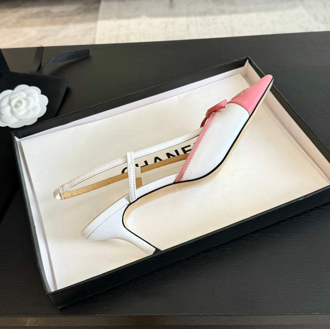 SLINGBACK WITH BOW IN LIGHT PINK MIX WHITE LAMBSKIN - 35