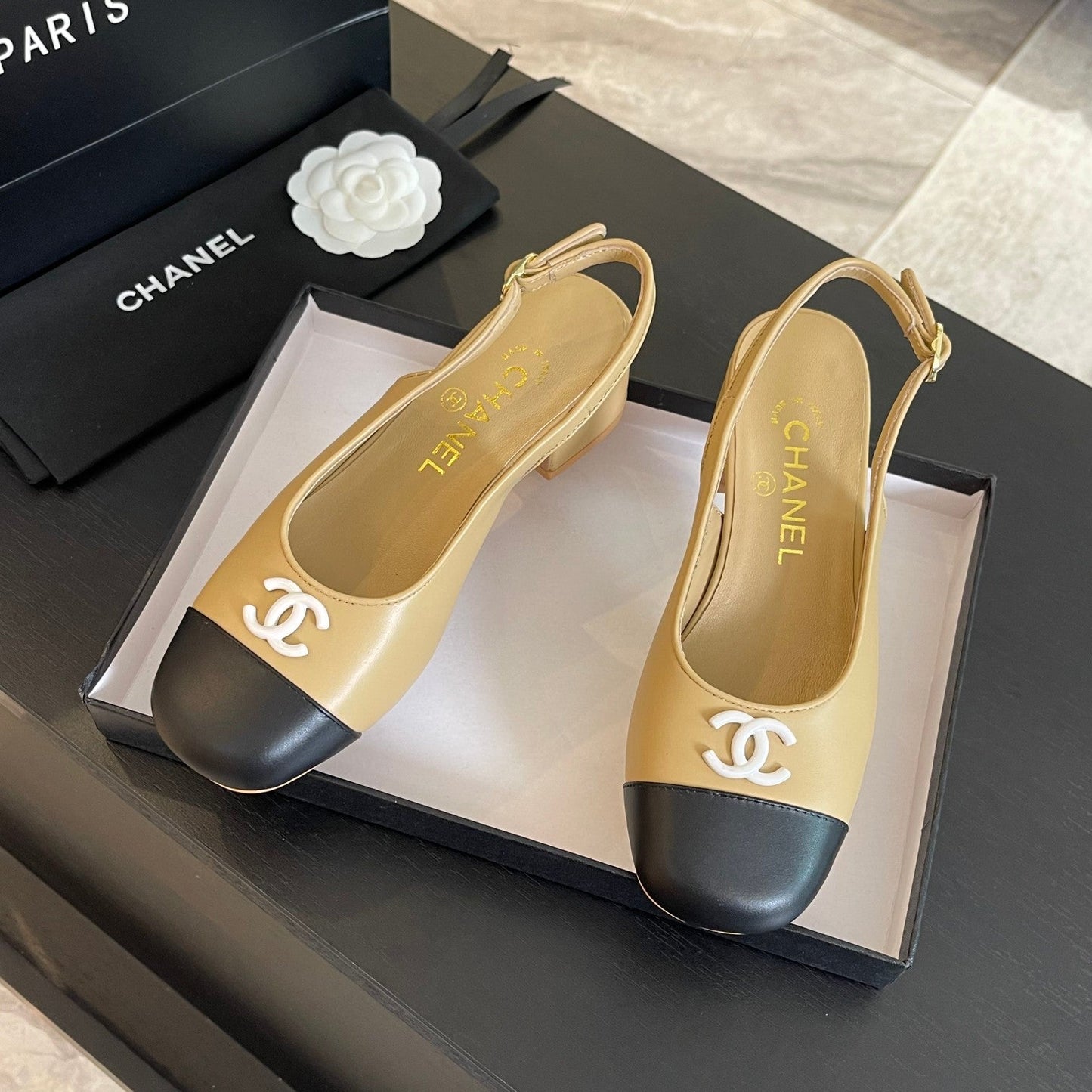 CC SLINGBACKS IN DARK BEIGE MIX BLACK CALFSKIN - 34