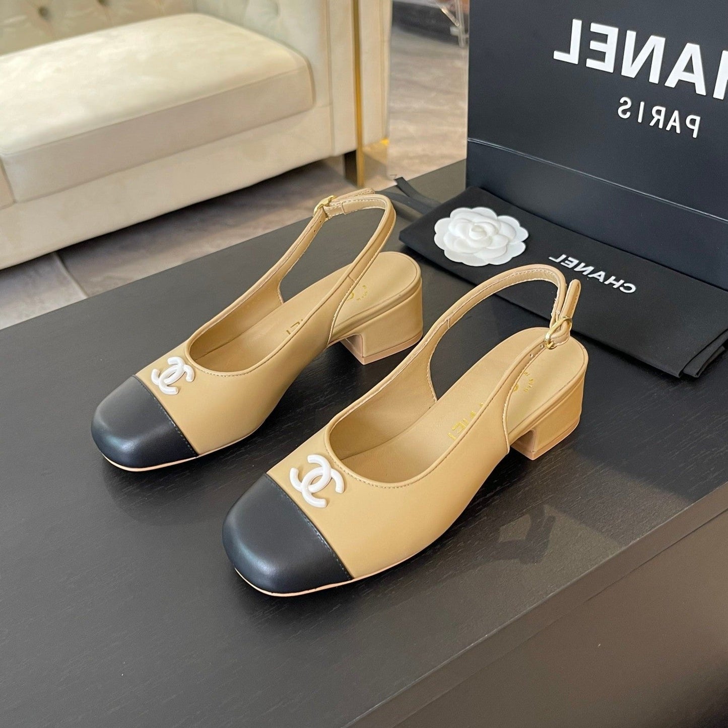 CC SLINGBACKS IN DARK BEIGE MIX BLACK CALFSKIN - 34