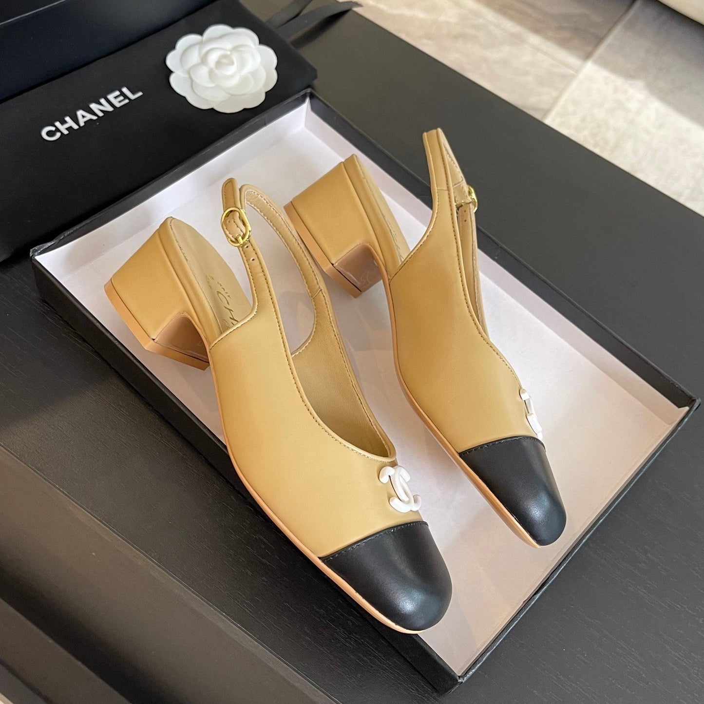 CC SLINGBACKS IN DARK BEIGE MIX BLACK CALFSKIN - 34