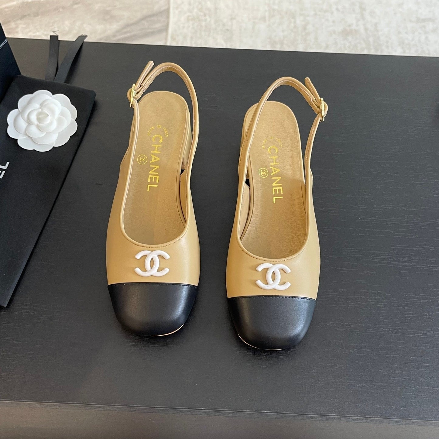 CC SLINGBACKS IN DARK BEIGE MIX BLACK CALFSKIN - 34