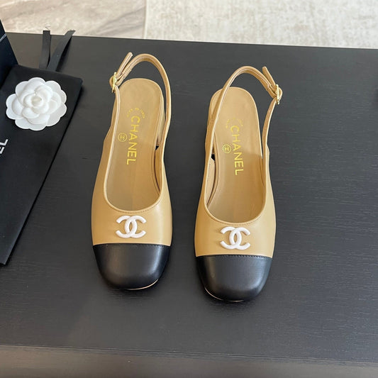 CC SLINGBACKS IN DARK BEIGE MIX BLACK CALFSKIN - 34