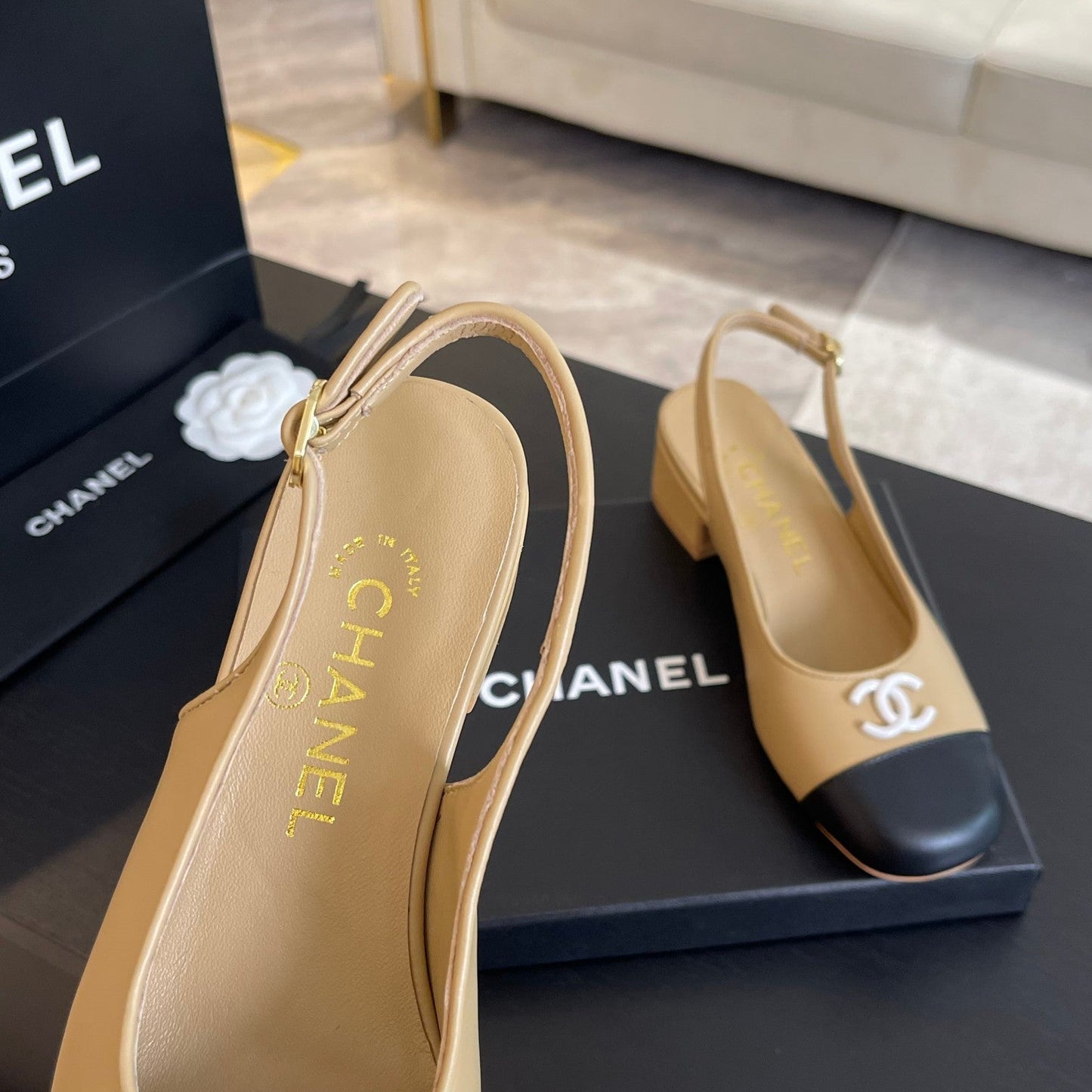 CC SLINGBACKS IN DARK BEIGE MIX BLACK CALFSKIN - 34