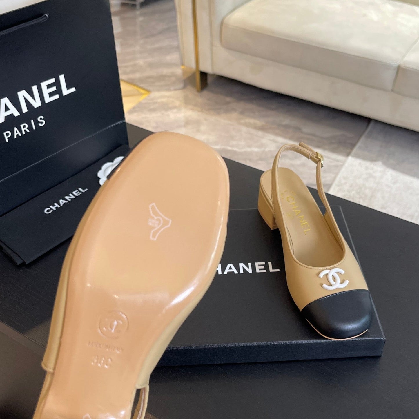 CC SLINGBACKS IN DARK BEIGE MIX BLACK CALFSKIN - 34