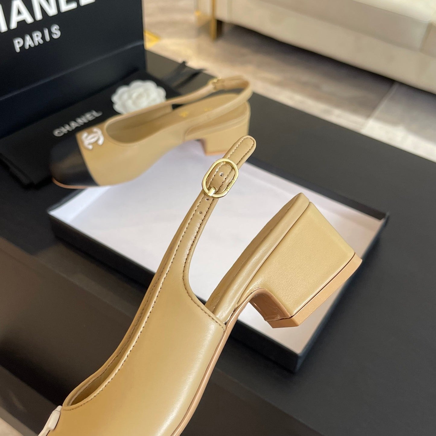 CC SLINGBACKS IN DARK BEIGE MIX BLACK CALFSKIN - 34