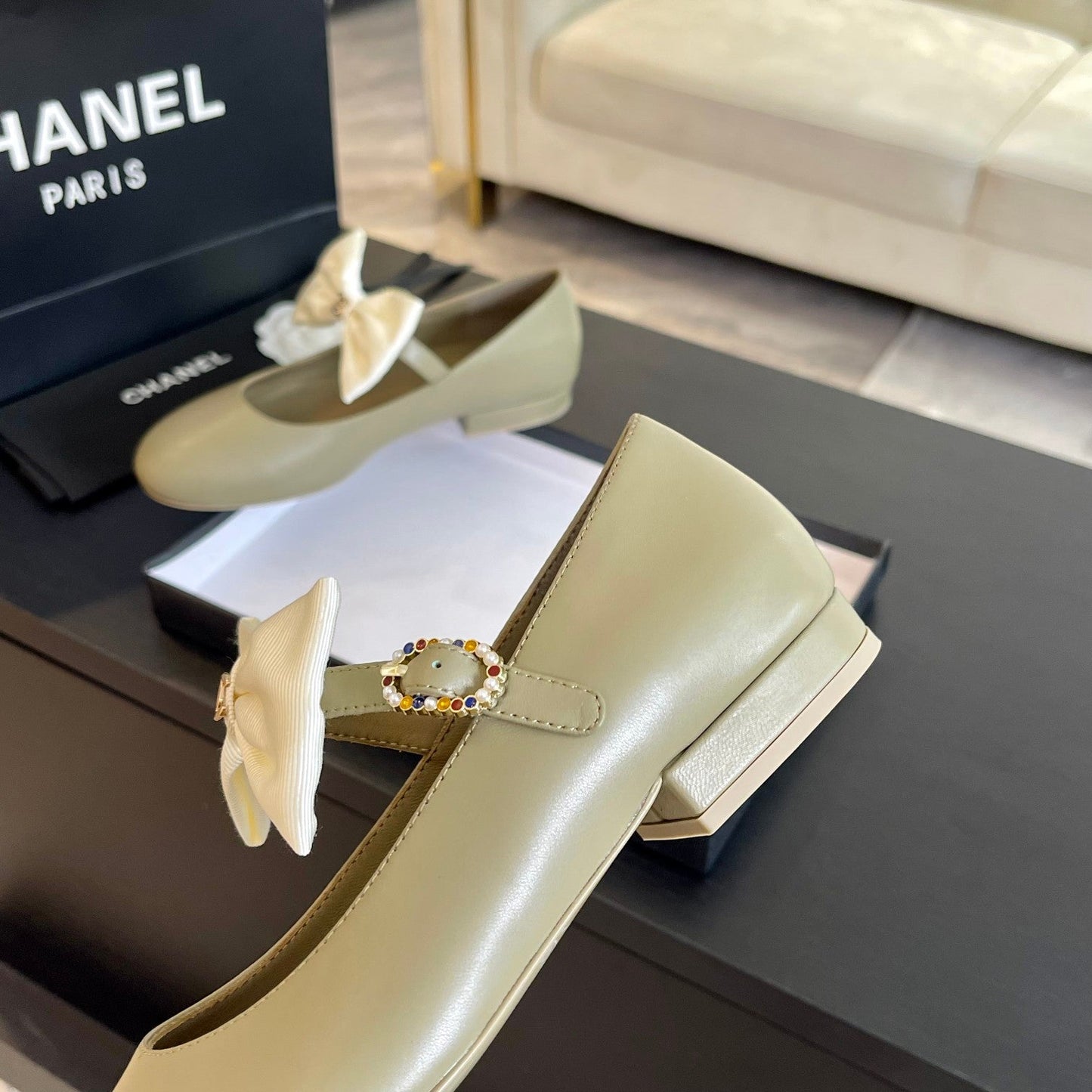 BALLET FLAT ECRU BEIGE LAMBSKIN WITH WHITE BOW - 35