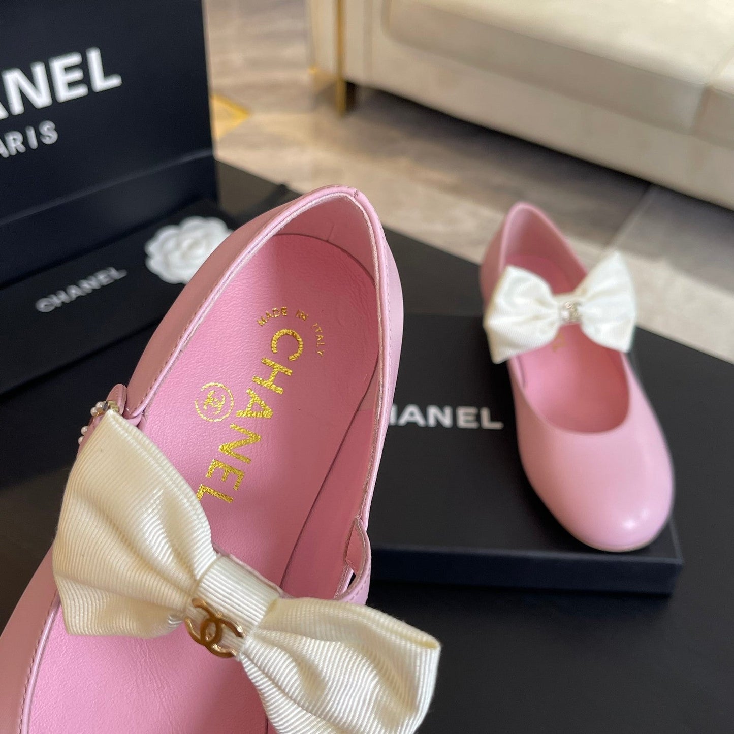 BALLET FLAT LIGHT PINK LAMBSKIN WITH WHITE BOW - 35