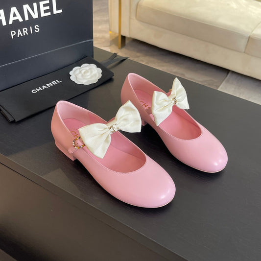 BALLET FLAT LIGHT PINK LAMBSKIN WITH WHITE BOW - 35