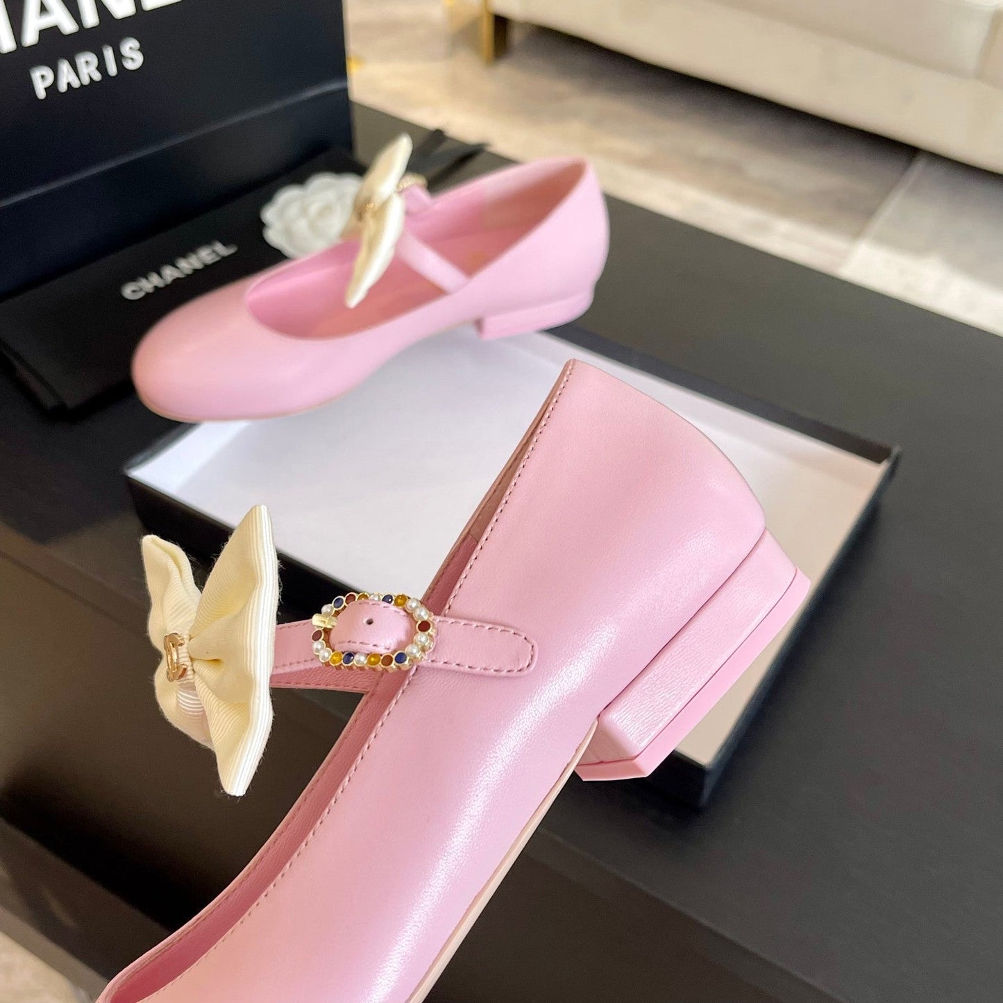 BALLET FLAT LIGHT PINK LAMBSKIN WITH WHITE BOW - 35