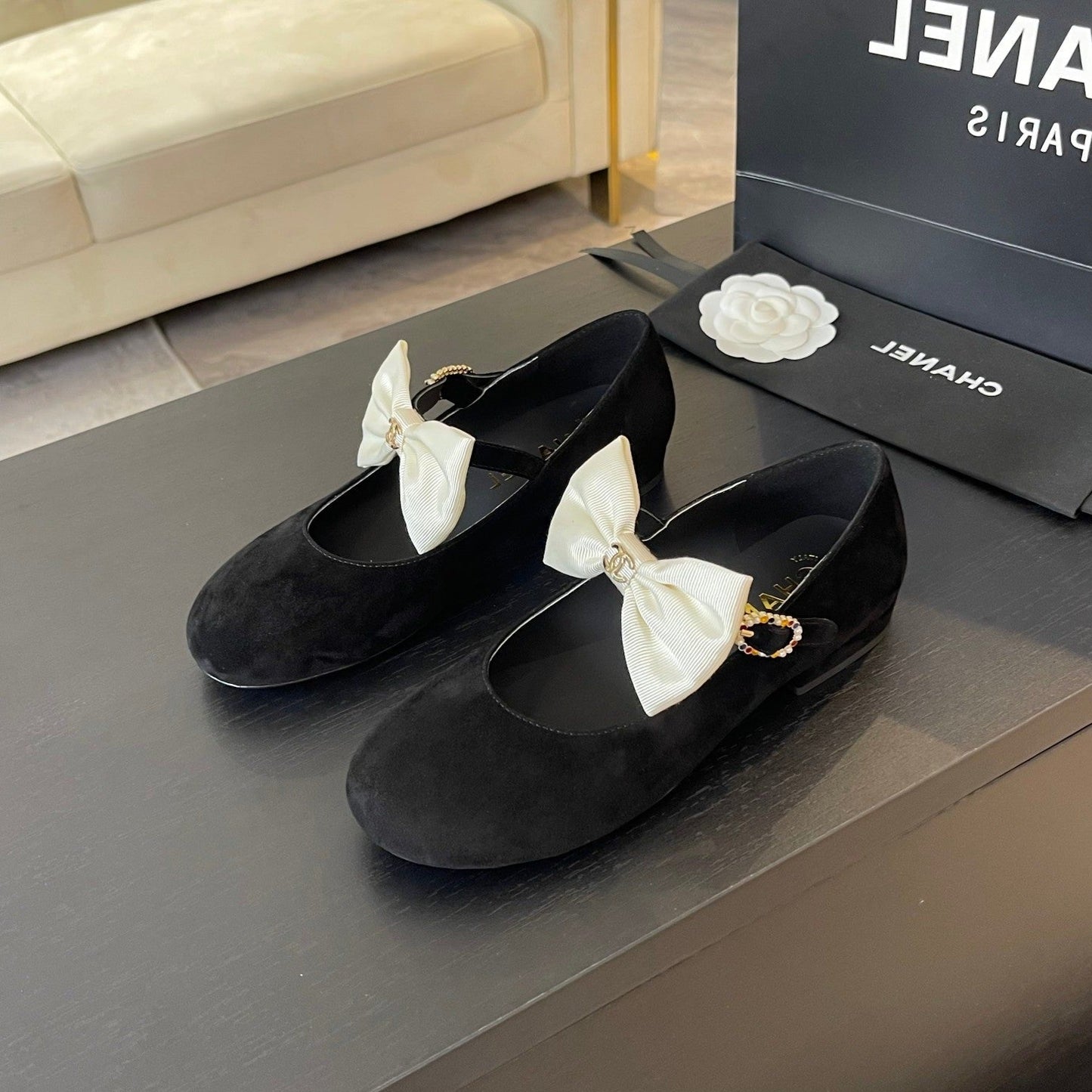 BALLET FLAT BLACK SUEDE LAMBSKIN WITH WHITE BOW - 35