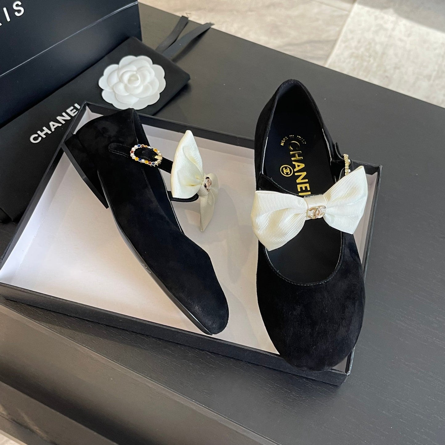 BALLET FLAT BLACK SUEDE LAMBSKIN WITH WHITE BOW - 35