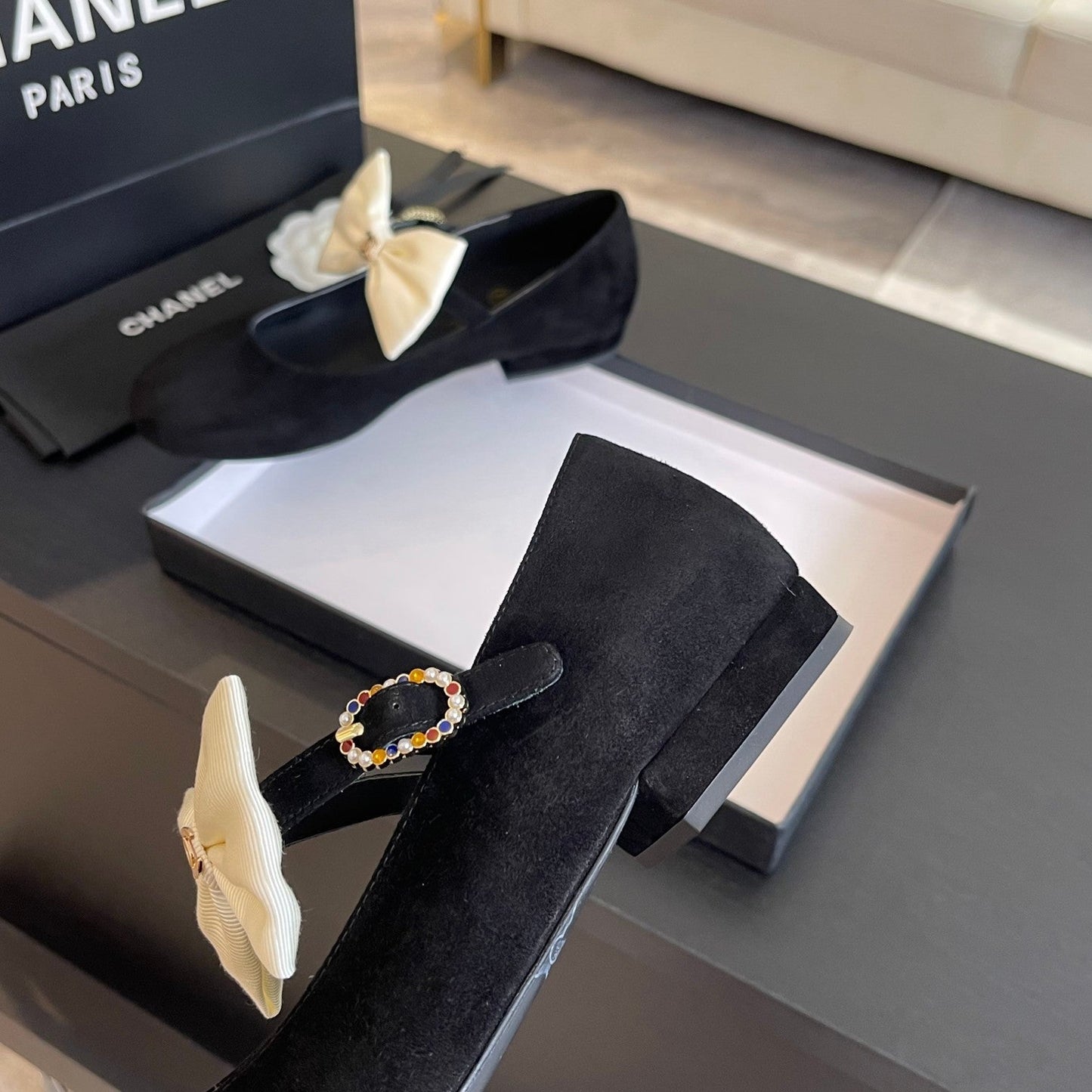 BALLET FLAT BLACK SUEDE LAMBSKIN WITH WHITE BOW - 35