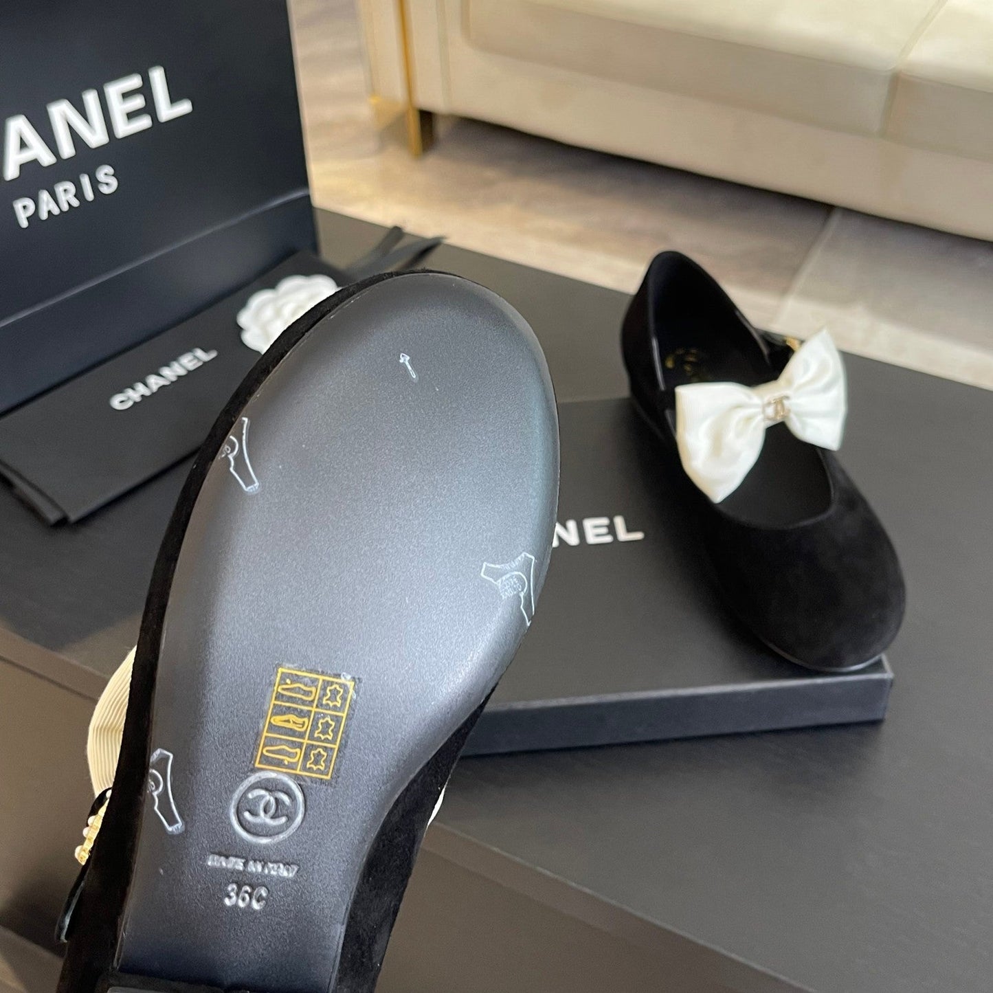 BALLET FLAT BLACK SUEDE LAMBSKIN WITH WHITE BOW - 35