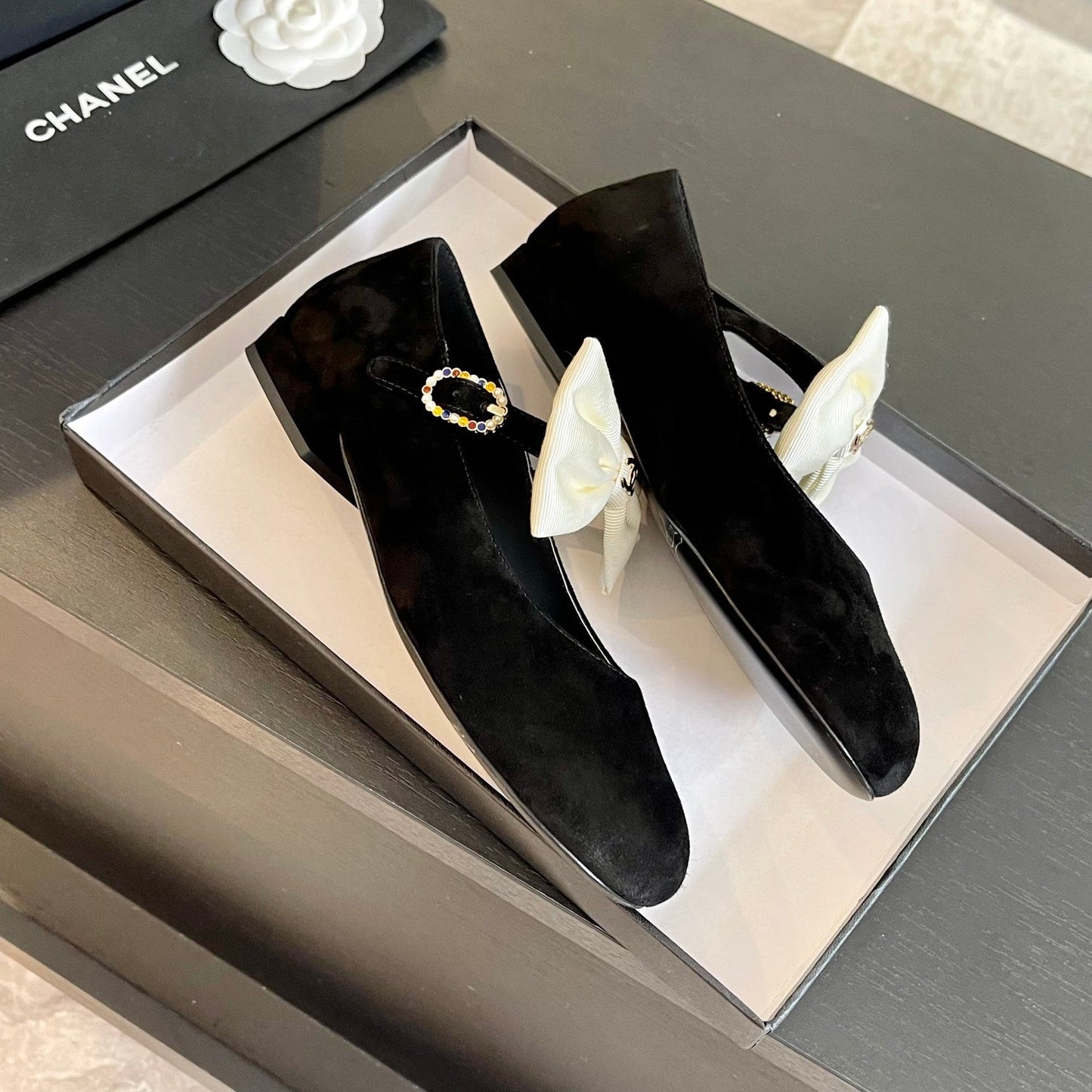 BALLET FLAT BLACK SUEDE LAMBSKIN WITH WHITE BOW - 35