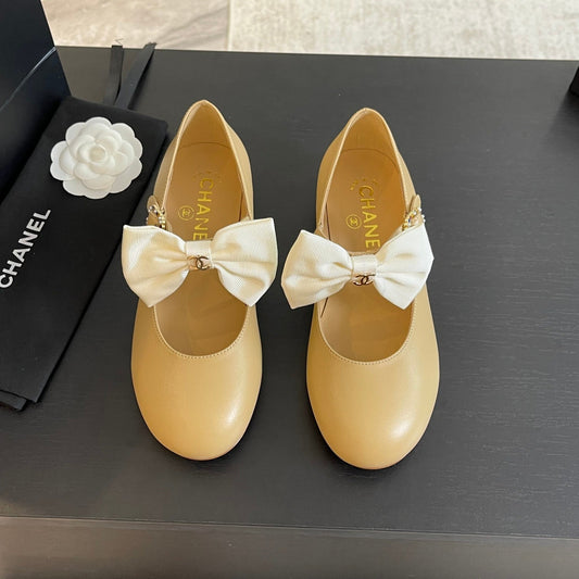 BALLET FLAT DARK CREAM LAMBSKIN WITH WHITE BOW - 35