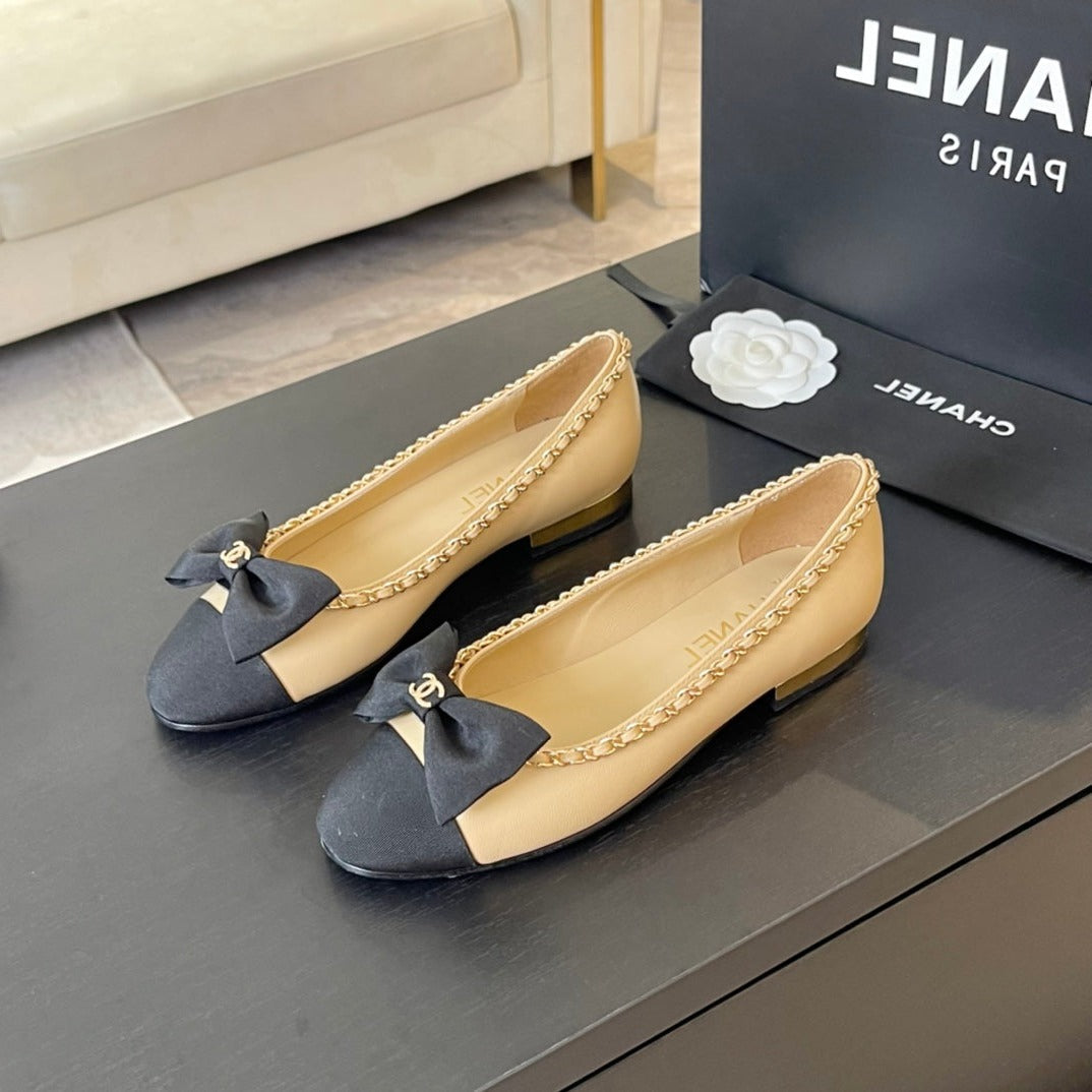 BALLET FLAT BEIGE CREAM CALFSKIN AND FABRIC - 35