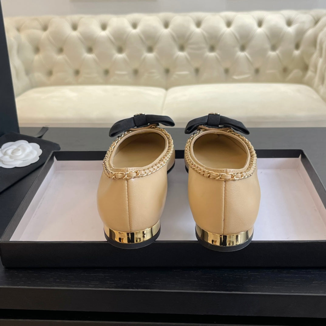 BALLET FLAT BEIGE CREAM CALFSKIN AND FABRIC - 35
