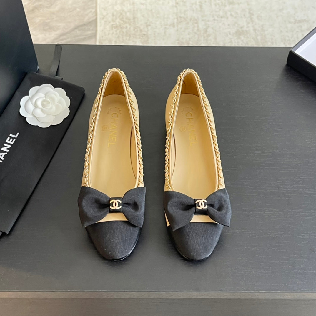 BALLET FLAT BEIGE CREAM CALFSKIN AND FABRIC - 35