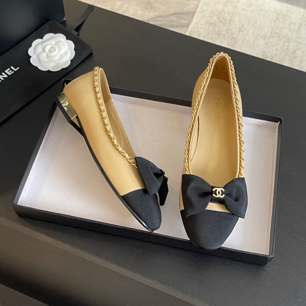 BALLET FLAT BEIGE CREAM CALFSKIN AND FABRIC - 35