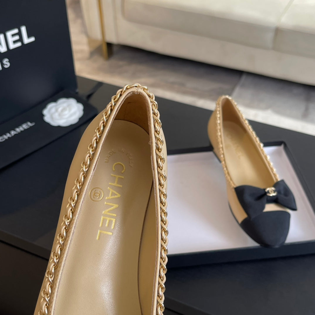 BALLET FLAT BEIGE CREAM CALFSKIN AND FABRIC - 35
