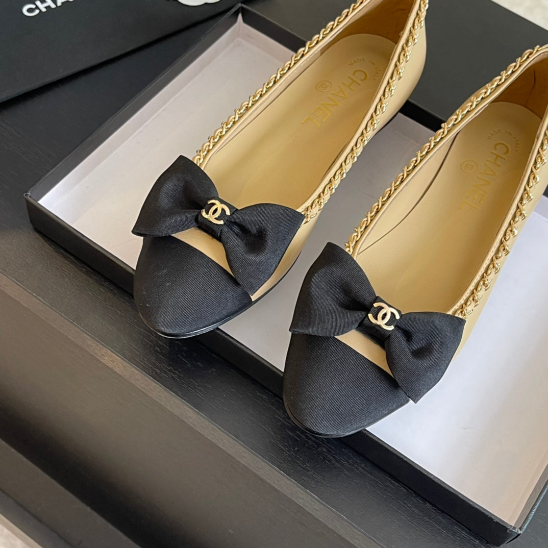 BALLET FLAT BEIGE CREAM CALFSKIN AND FABRIC - 35