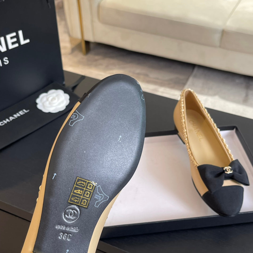 BALLET FLAT BEIGE CREAM CALFSKIN AND FABRIC - 35