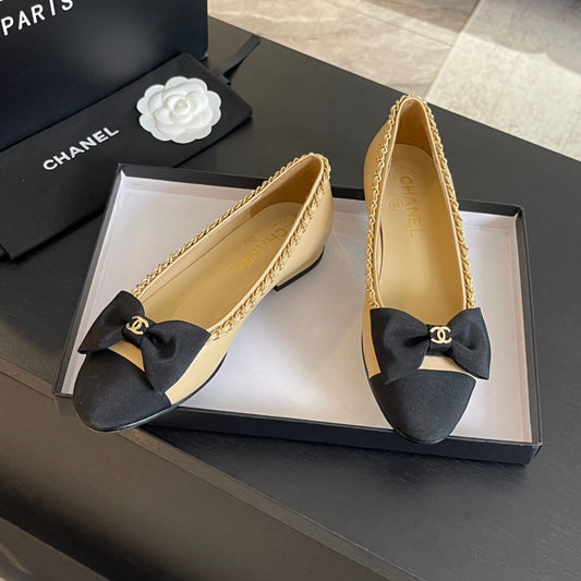 BALLET FLAT BEIGE CREAM CALFSKIN AND FABRIC - 35