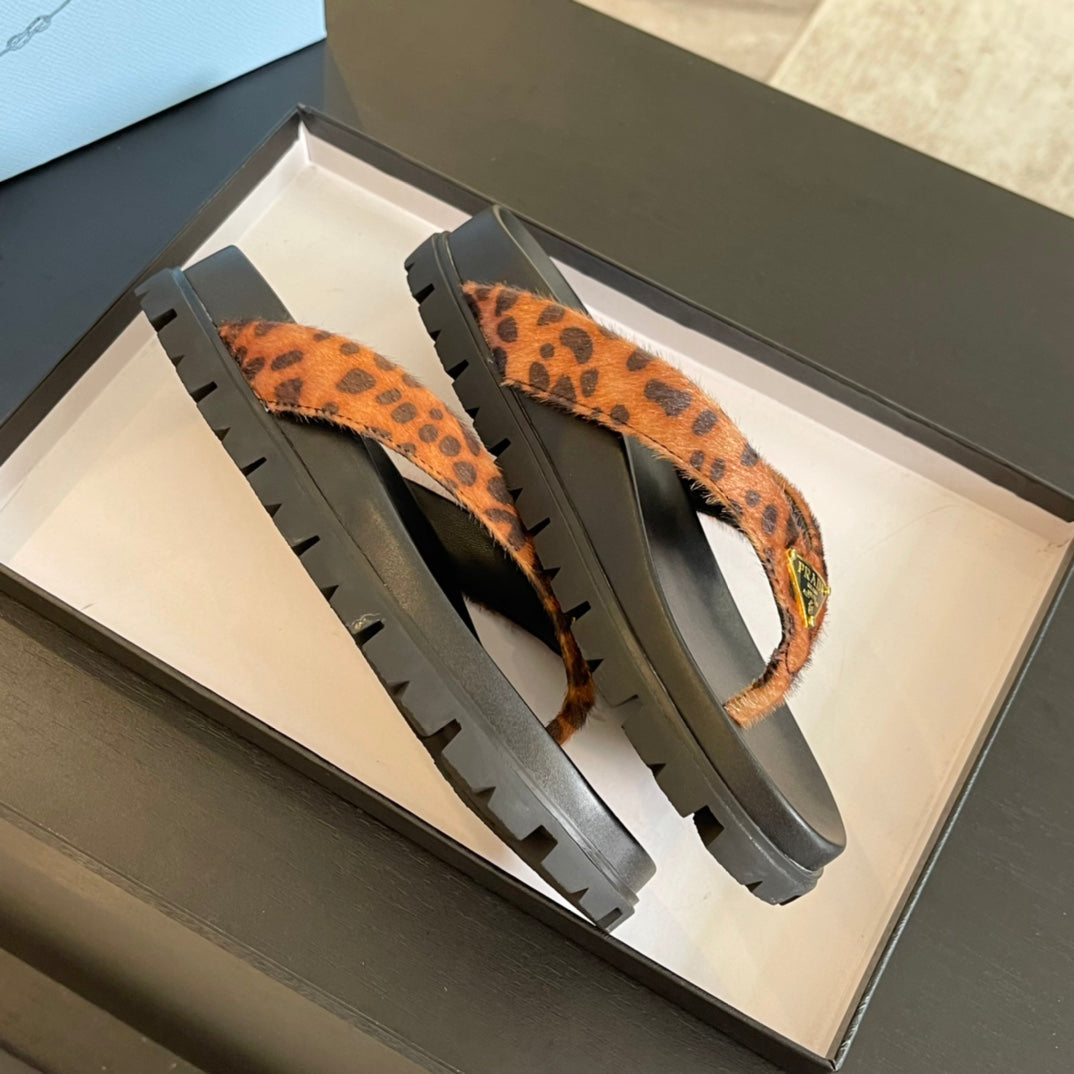 PRA RUBBER THONG SANDALS BLACK AND LEOPARD MOTIF VELVET - 35