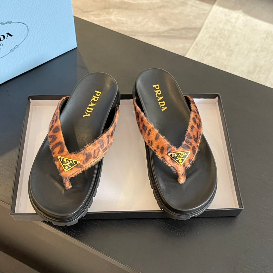 PRA RUBBER THONG SANDALS BLACK AND LEOPARD MOTIF VELVET - 35