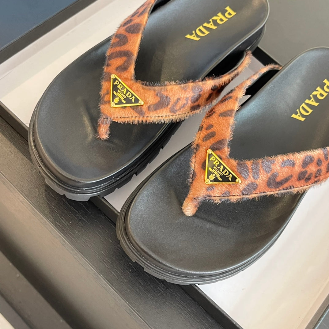 PRA RUBBER THONG SANDALS BLACK AND LEOPARD MOTIF VELVET - 35