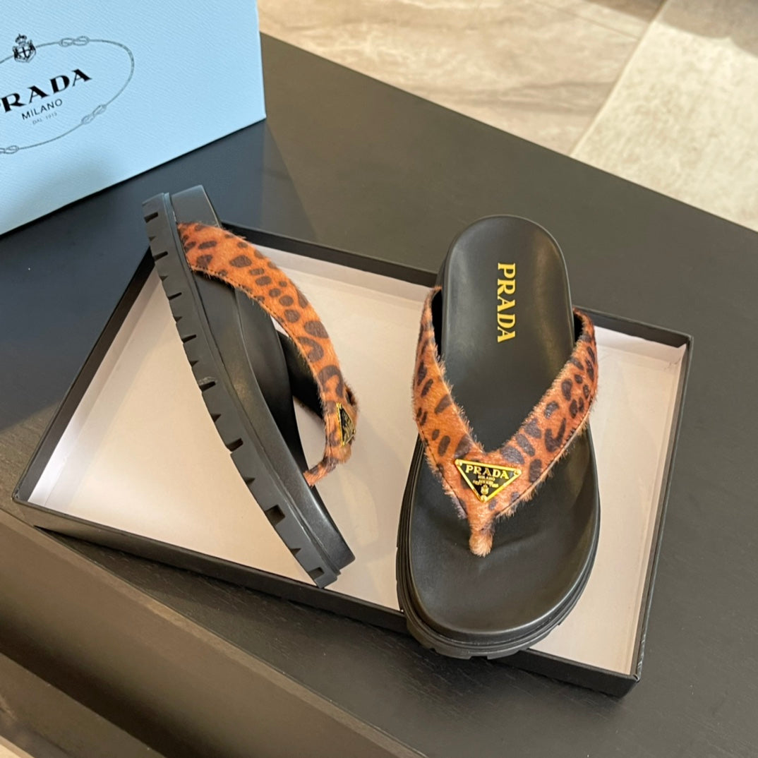 PRA RUBBER THONG SANDALS BLACK AND LEOPARD MOTIF VELVET - 35