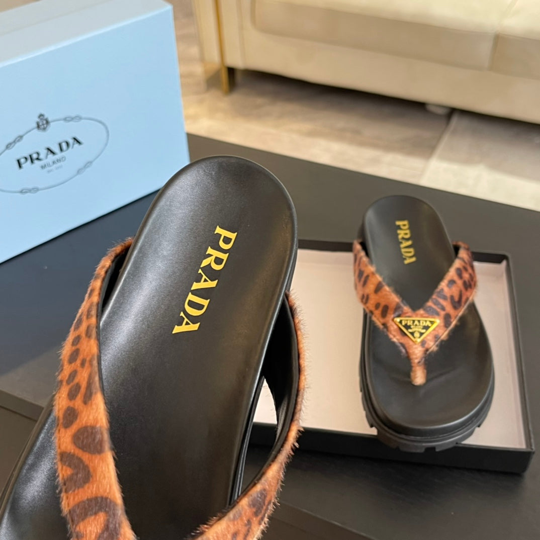 PRA RUBBER THONG SANDALS BLACK AND LEOPARD MOTIF VELVET - 35