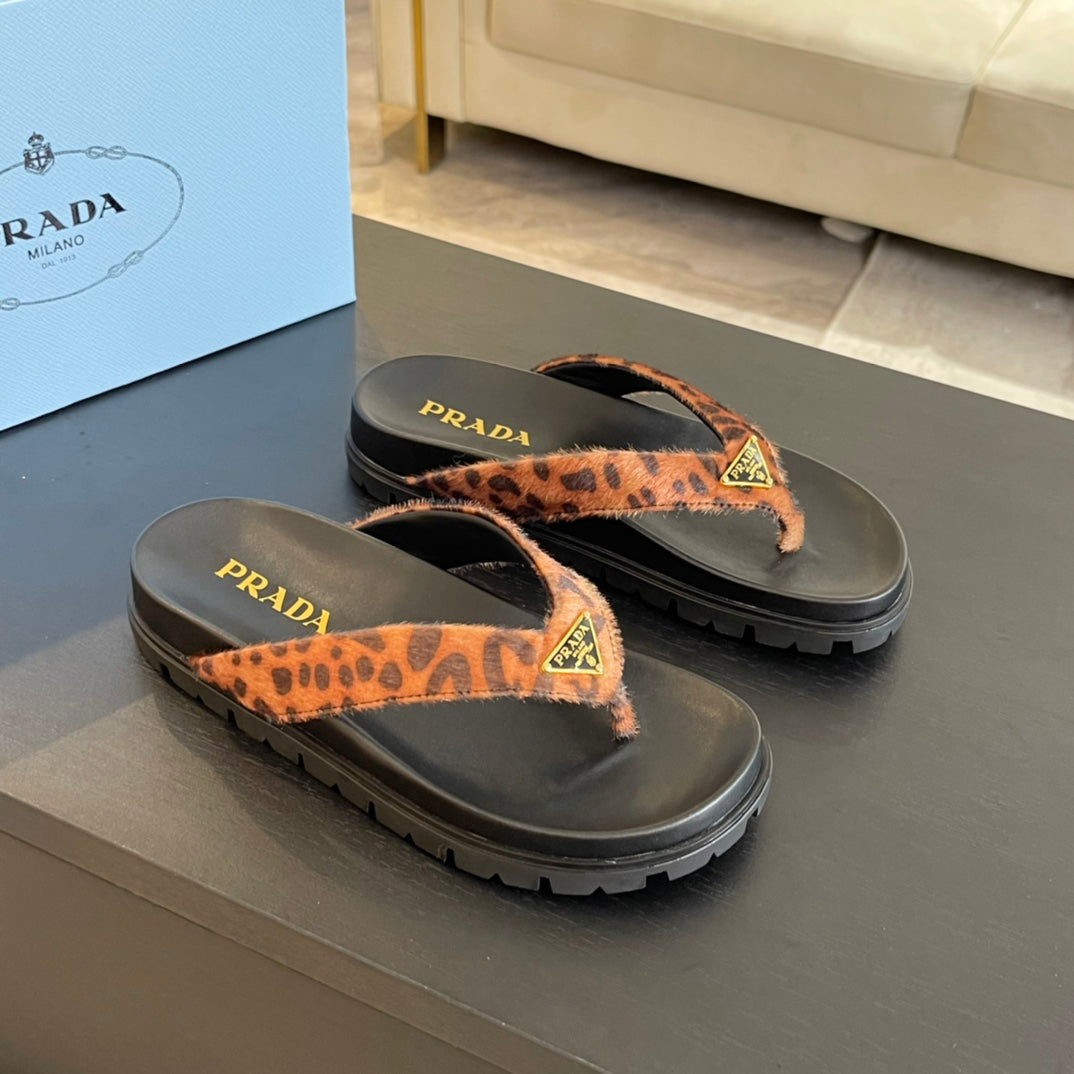 PRA RUBBER THONG SANDALS BLACK AND LEOPARD MOTIF VELVET - 35