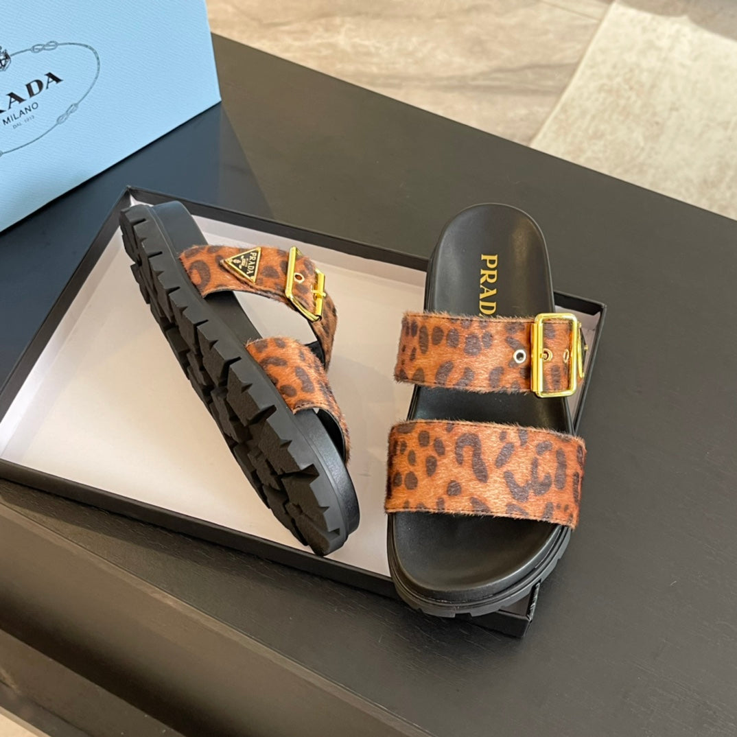 PRA SLIDES SANDALS BLACK AND LEOPARD MOTIF VELVET - 35