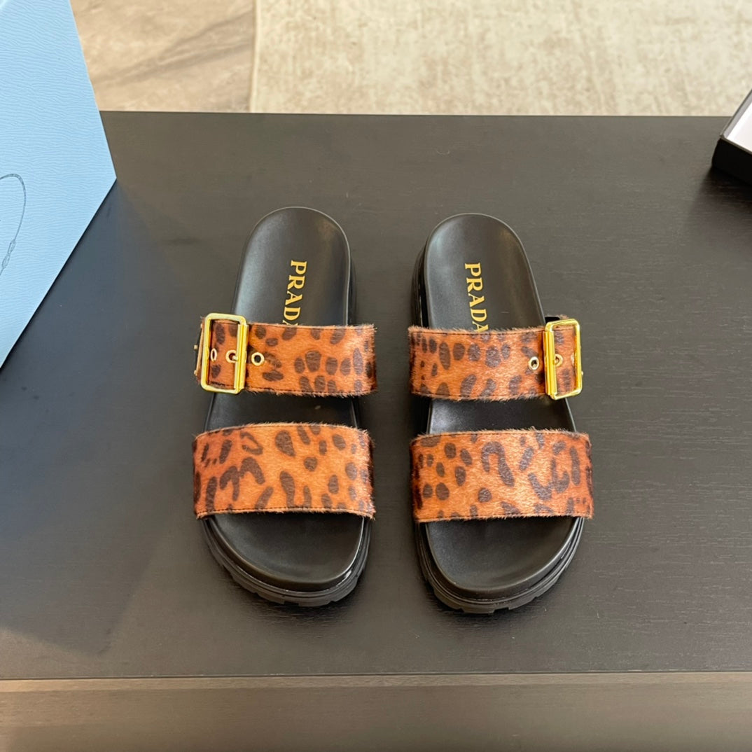PRA SLIDES SANDALS BLACK AND LEOPARD MOTIF VELVET - 35