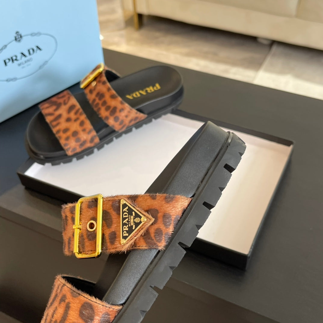 PRA SLIDES SANDALS BLACK AND LEOPARD MOTIF VELVET - 35
