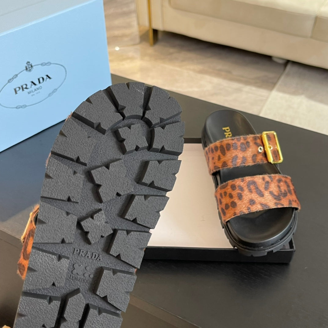PRA SLIDES SANDALS BLACK AND LEOPARD MOTIF VELVET - 35