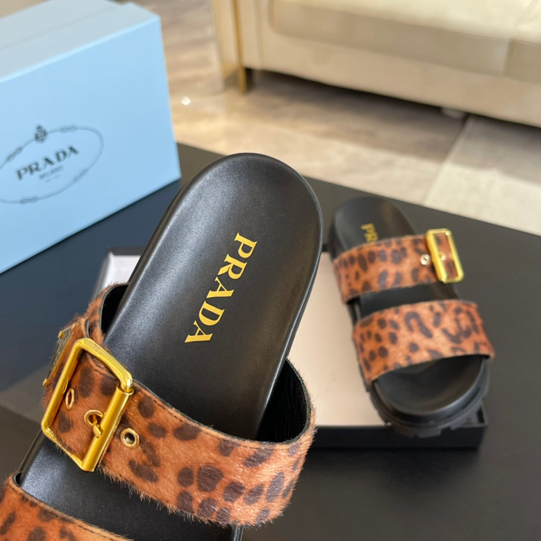 PRA SLIDES SANDALS BLACK AND LEOPARD MOTIF VELVET - 35