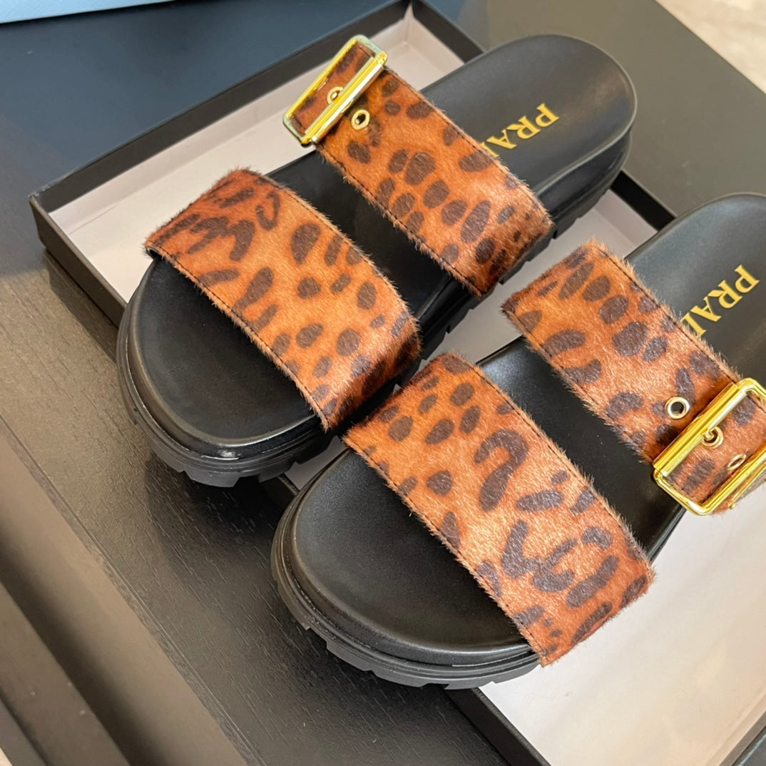 PRA SLIDES SANDALS BLACK AND LEOPARD MOTIF VELVET - 35