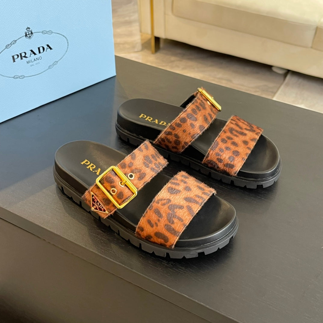 PRA SLIDES SANDALS BLACK AND LEOPARD MOTIF VELVET - 35