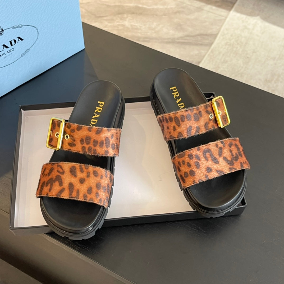 PRA SLIDES SANDALS BLACK AND LEOPARD MOTIF VELVET - 35