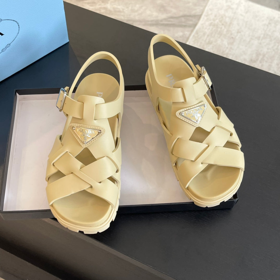 PRA CRISSCROSS RUBBER SANDALS CREAM CALFSKIN - 35