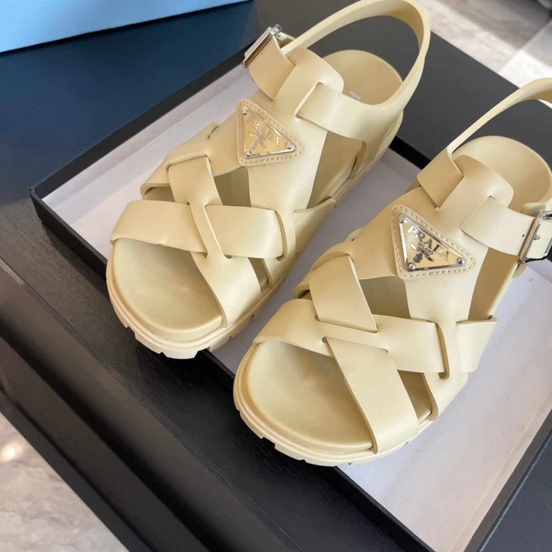 PRA CRISSCROSS RUBBER SANDALS CREAM CALFSKIN - 35