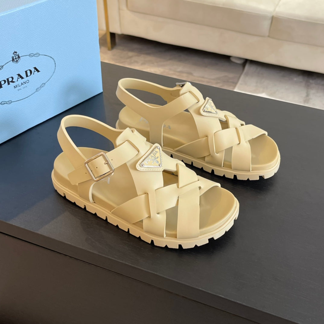 PRA CRISSCROSS RUBBER SANDALS CREAM CALFSKIN - 35